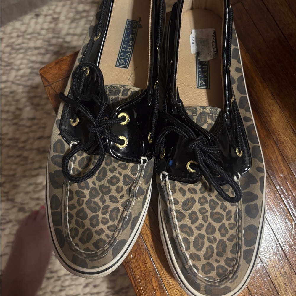 Sperry Leopard Print Moccasins with Black Patent Trim